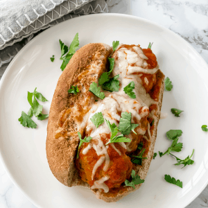 turkey meatball subs on a plate