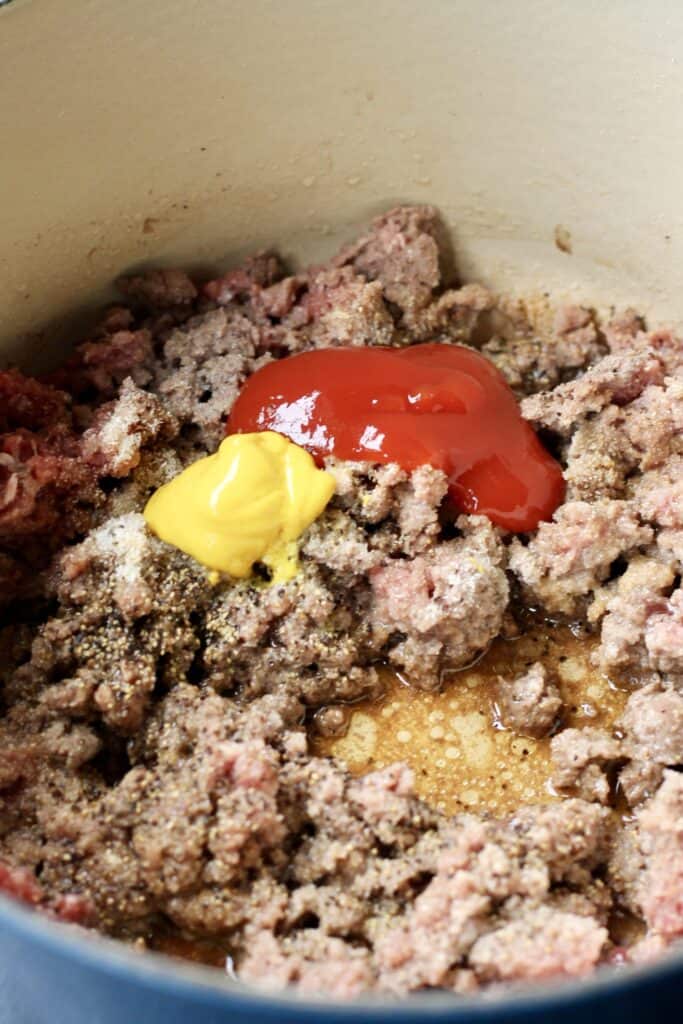 ground beef with ketchup, mustard, and seasonings