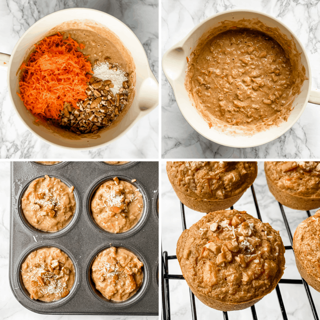 a second collage showing the final stages in putting togethe carrot muffins