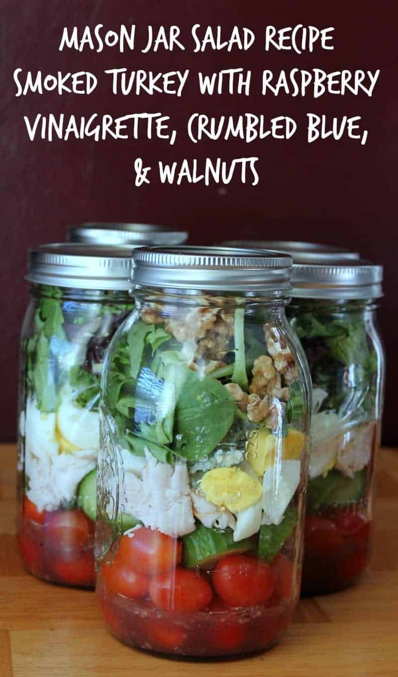 Mason Jar Salad Recipe: Smoked Turkey With Raspberry Vinaigrette, Crumbled Blue, and Walnuts