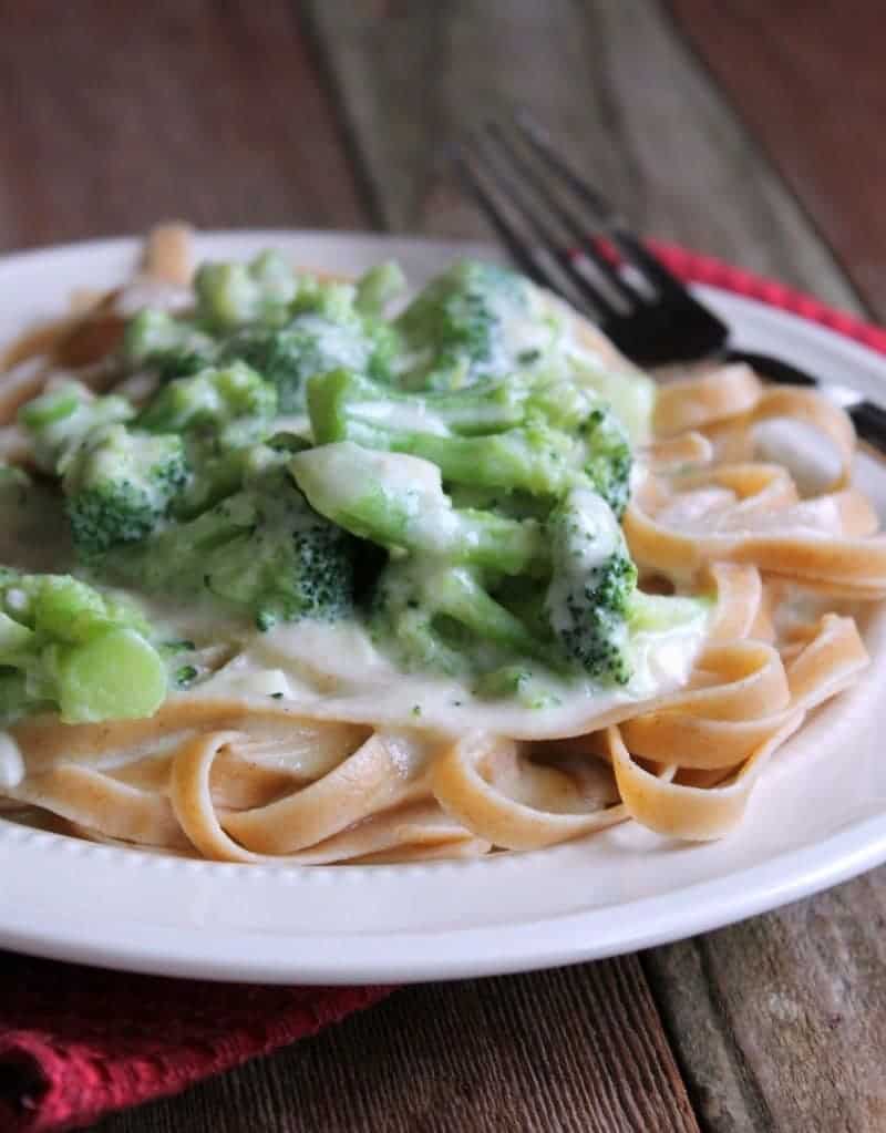 Healthy fettuccini noodles with alfredo sauce and broccoli. 