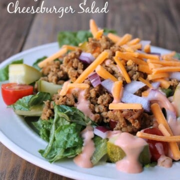 Lightened Up Cheeseburger Salad. 333 calories. Low carb and high protein. Delicious make-ahead salad. Mason jar salad instructions included.