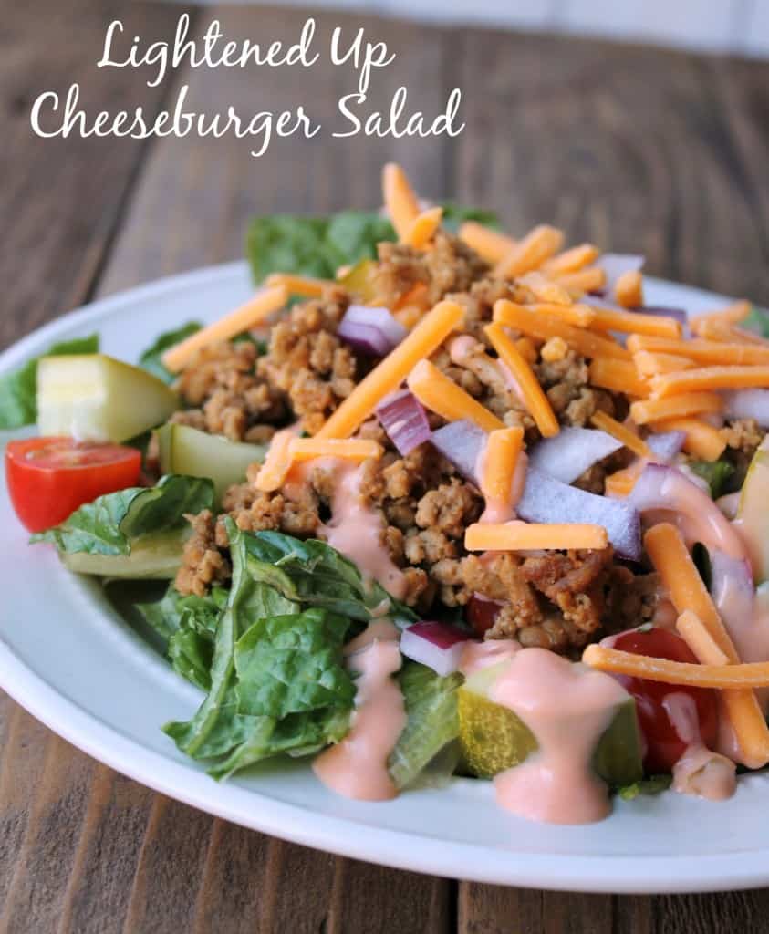 Lightened Up Cheeseburger Salad. 333 calories. Low carb and high protein. Delicious make-ahead salad. Mason jar salad instructions included.