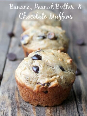 Banana, Peanut Butter, and chocolate muffins. Make ahead breakfast recipe