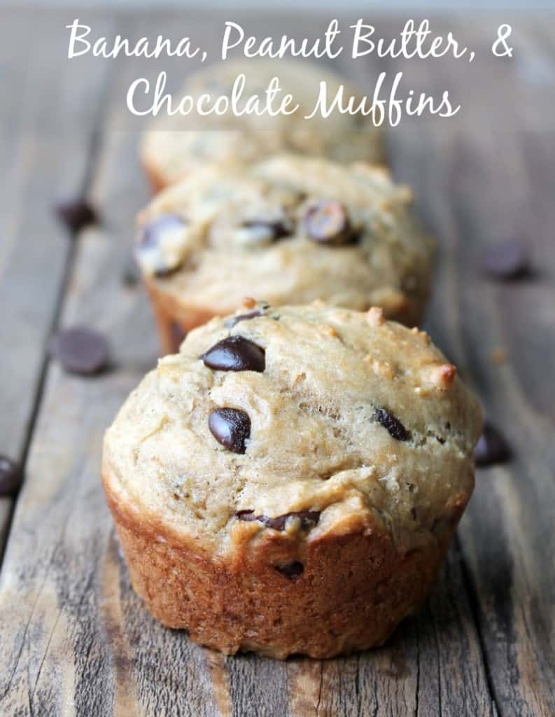 Banana, Peanut Butter, and chocolate muffins. Make ahead breakfast recipe