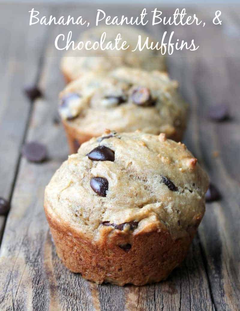 Banana, Peanut Butter, and chocolate muffins. Make ahead breakfast recipe