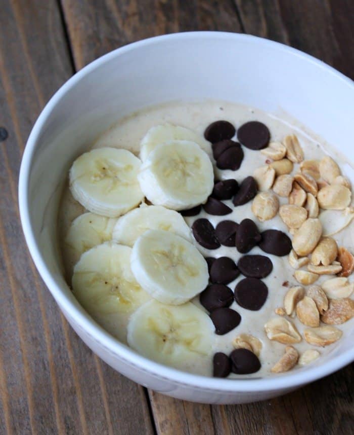 smoothie bowl with banana chocolate chips and nuts