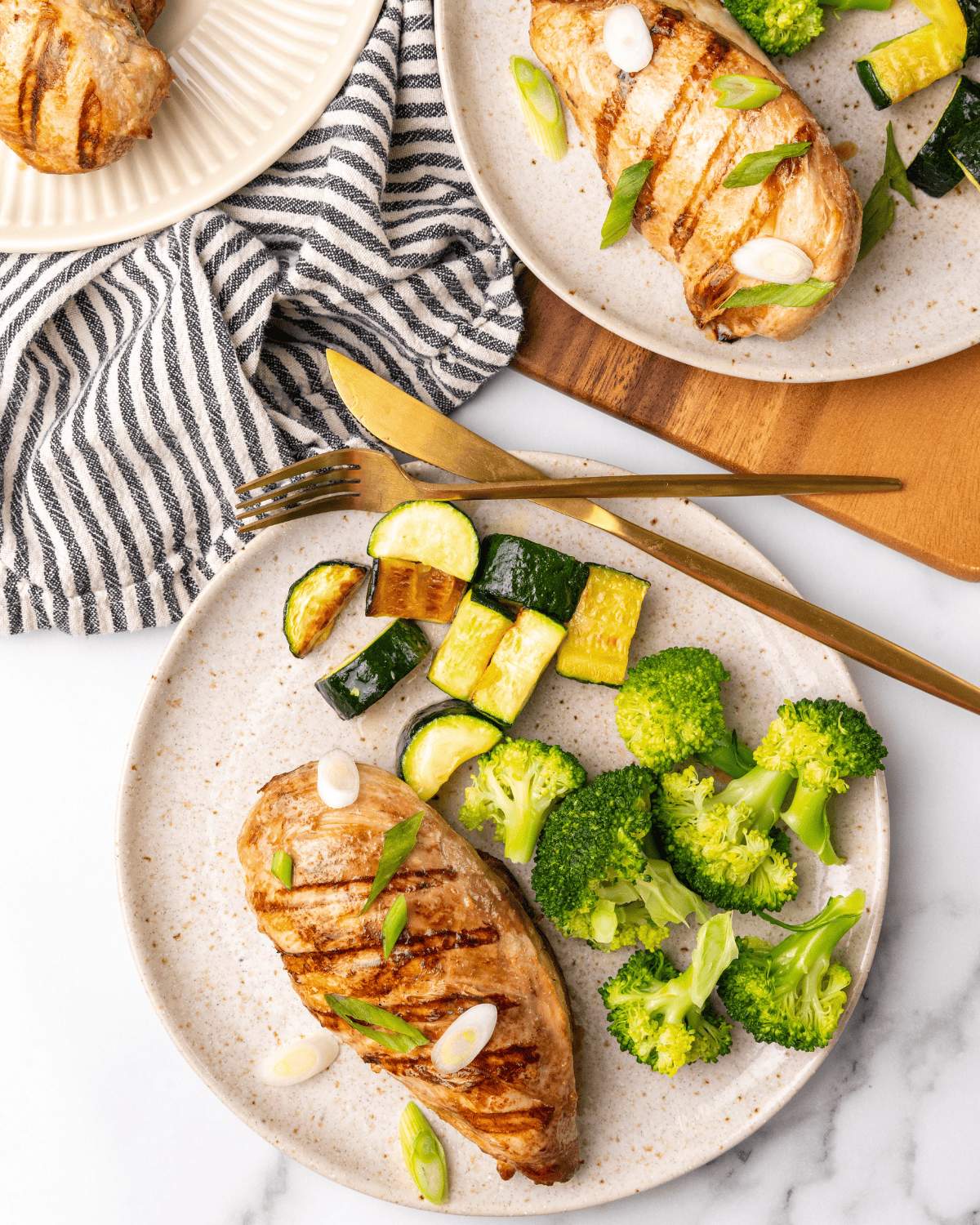 overhead picture of asian chicken on plate with veggies.
