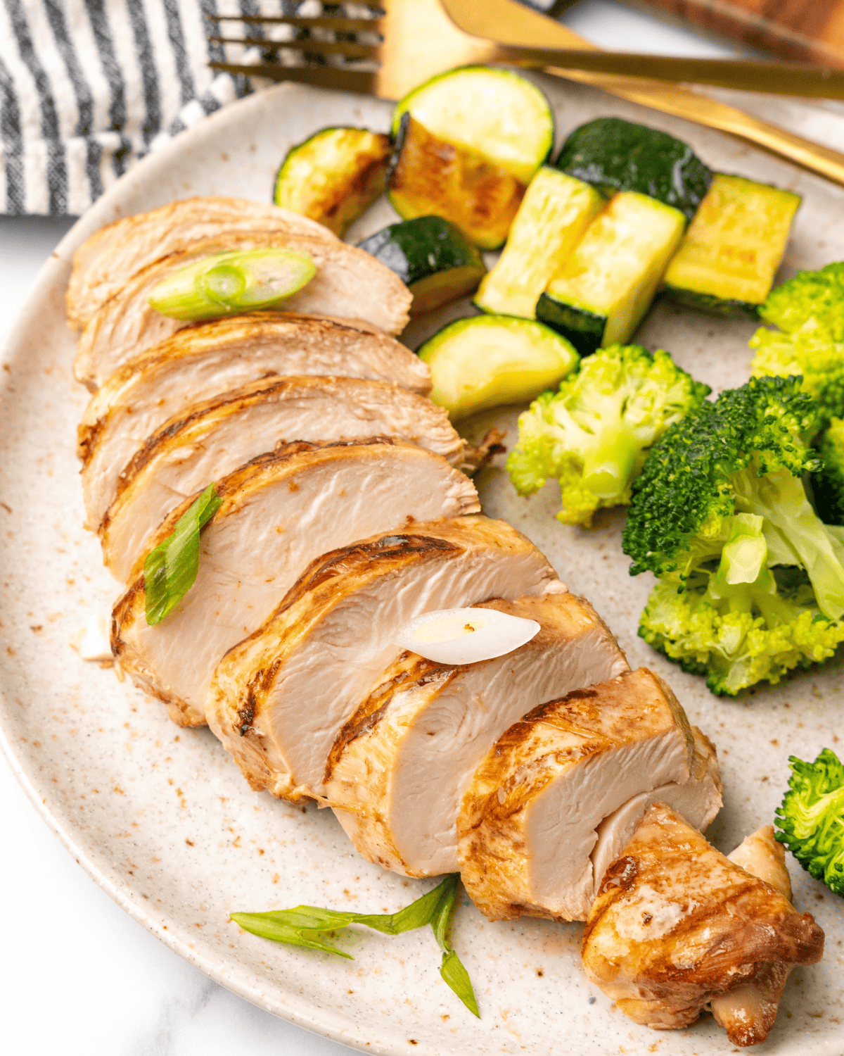 sliced asian grilled chicken on a plate.