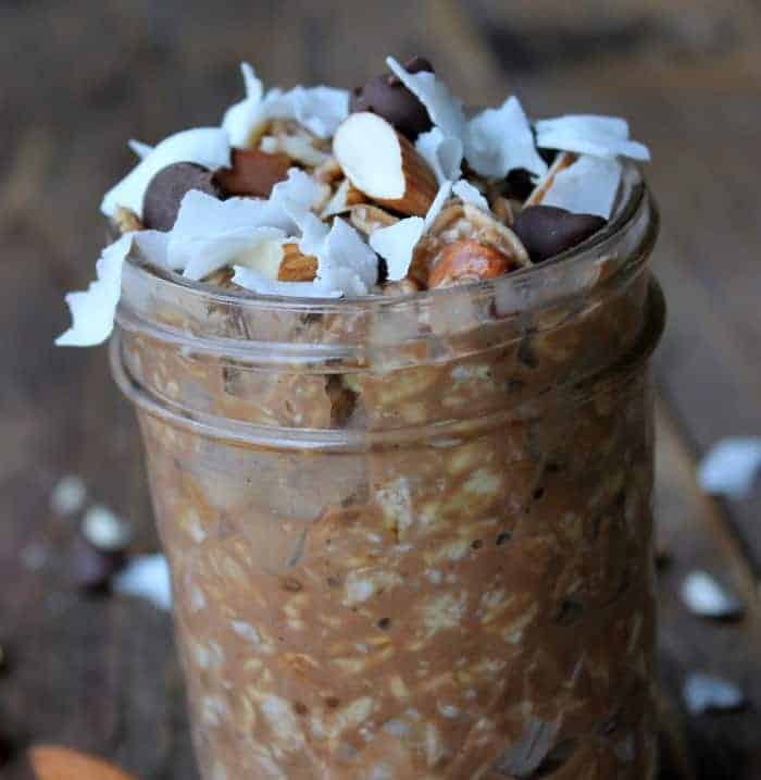 Almond Joy Overnight Oats. Chocolate, almonds, and coconut stirred into creamy oats. YUM!
