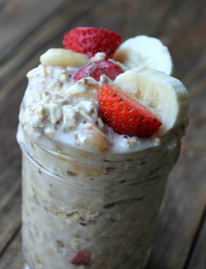 close up picture of strawberry overnight oats with banana