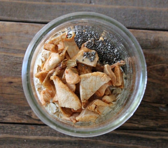 mason jar filled with rolled oats, chia seeds, dried apples and cinnamon