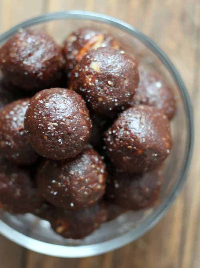 salted turtle balls in a glass container overhead picture.