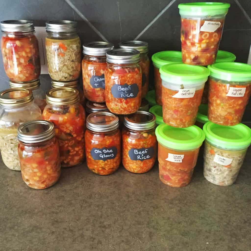Freezer soups and stews portioned out for new moms.