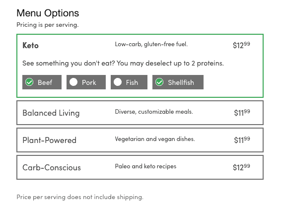 green chef menu prices