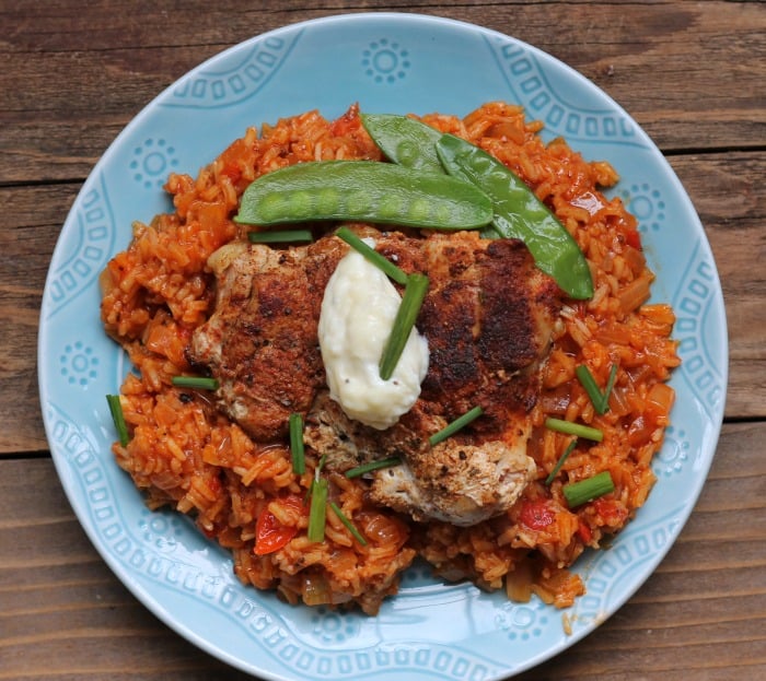 chicken and rice recipe on a blue plate.