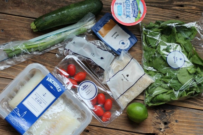 blue apron recipe ingredients on the table.