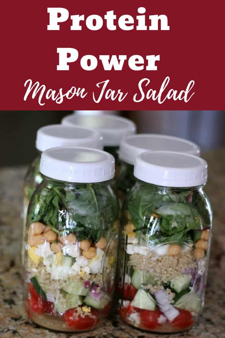 Mason jar salad recipe. Protein-packed ingredients chickpeas, quinoa, and eggs.