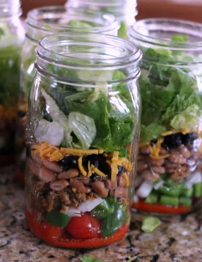 Dorito Taco Salad: Lightened-up salad in a jar recipe. Mason Jar Salad