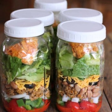 Dorito Taco Salad: Lightened-up salad in a jar recipe. Mason Jar Salad