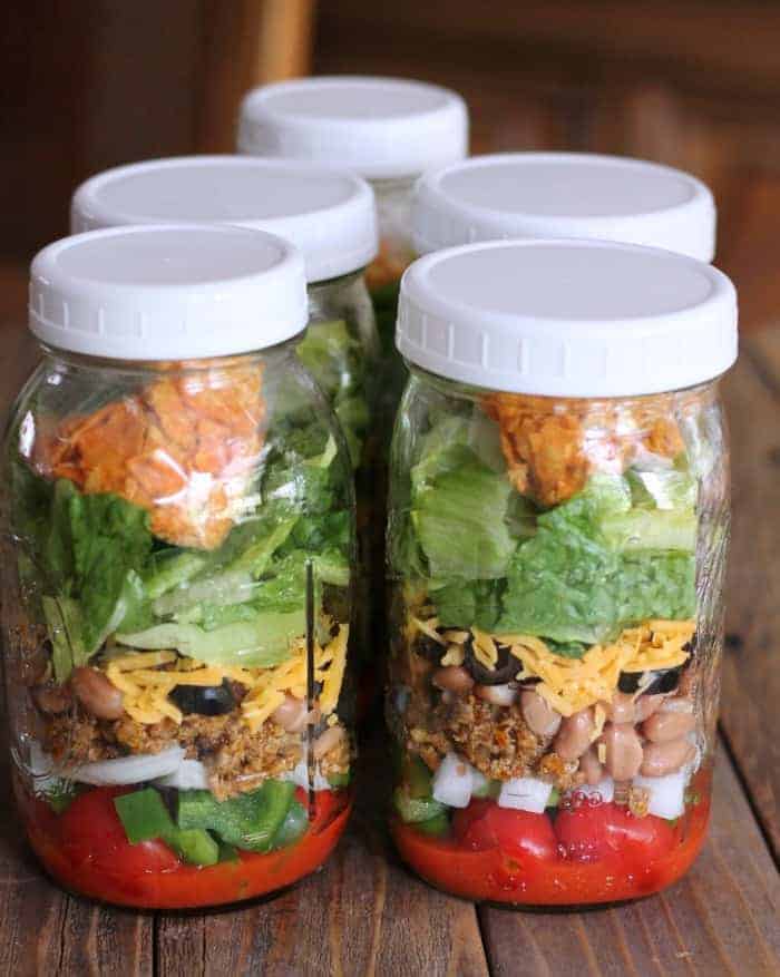 Dorito Taco Salad: Lightened-up salad in a jar recipe. Mason Jar Salad