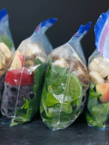 smoothie prep. Smoothie bags in a row.
