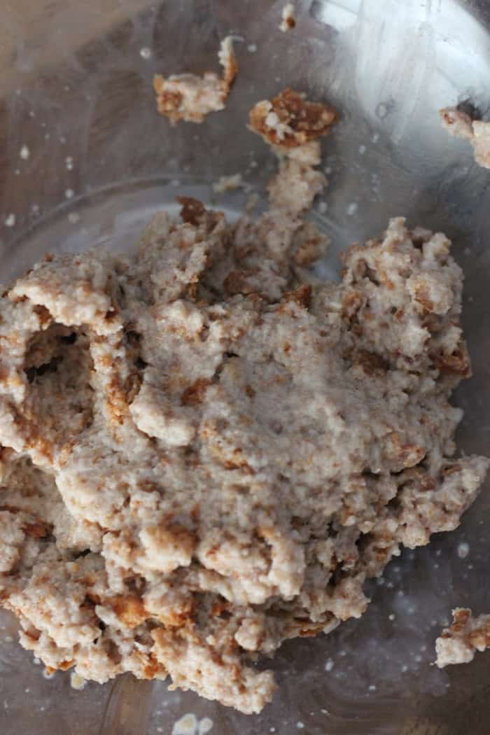 bread mashed in a bowl with milk.