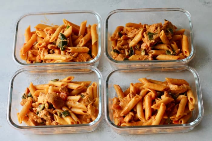 pasta recipe in meal prep bowls