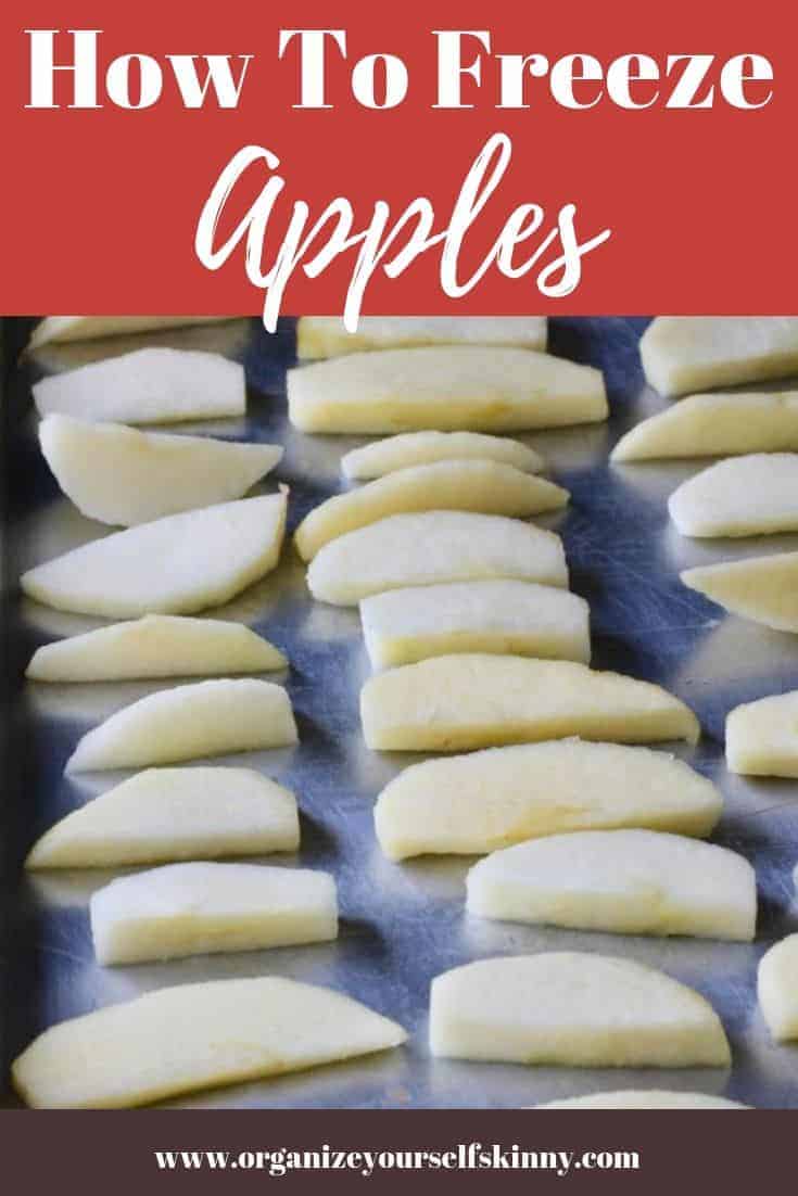 Visual of how to freeze apples - slices laying on a baking sheet ready for the freezer.