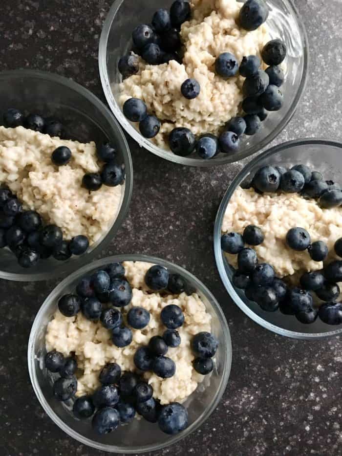 Steel oats prepped into containers that serve as freezer meals for new moms.