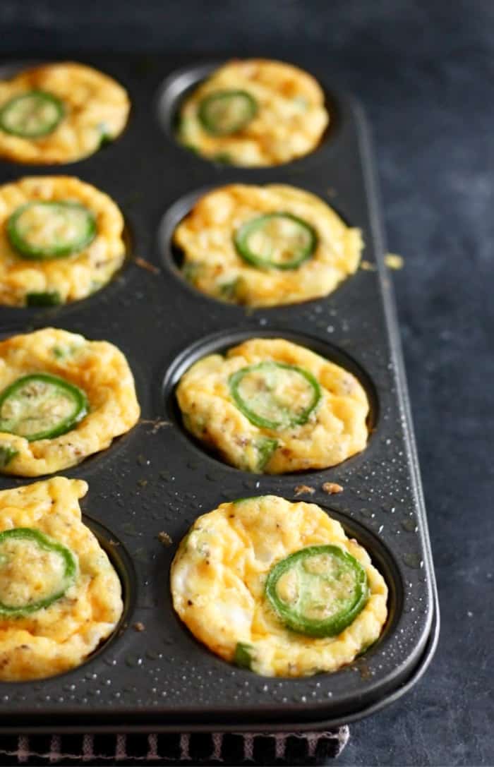 Baked jalapeno cheddar egg bites freshly out of the oven