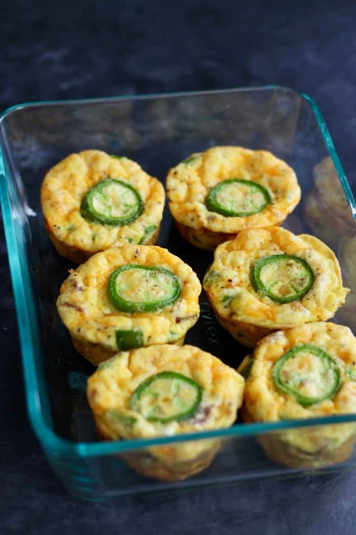 Jalapeno-topped egg bites recipe freshly baked in pyrex dish