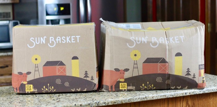 sun basket boxes on the kitchen counter