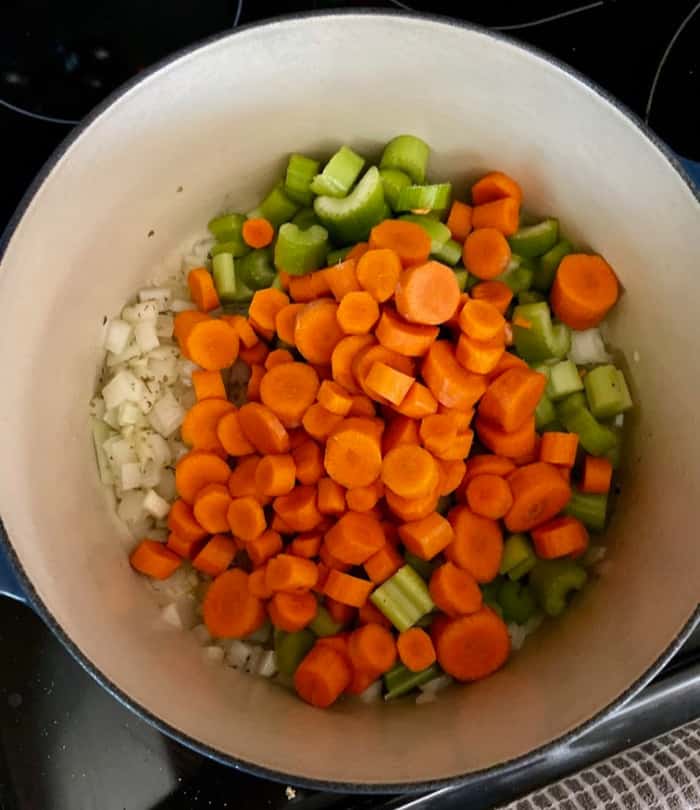 Stock ingredients for low carb chicken soup - onion, carrot, garlic, and celery. 