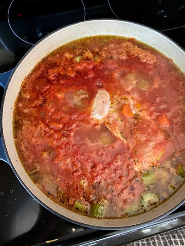 Pot of low carb soup with tomato, celery, and chicken. 