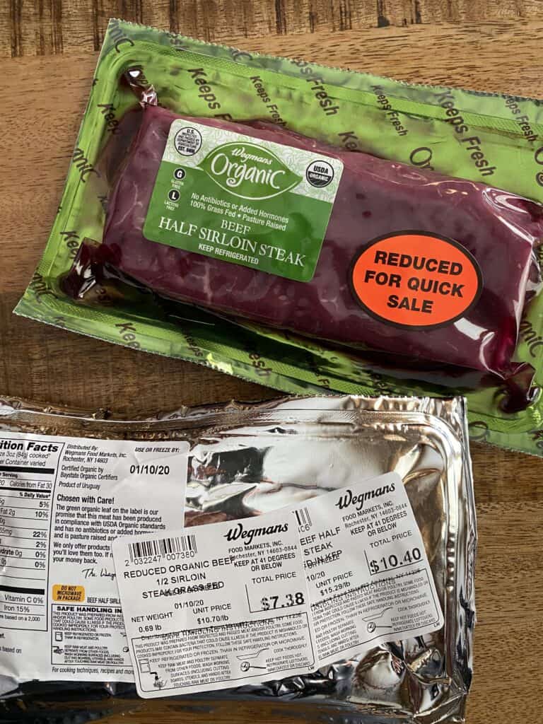 Organic beef half sirloin steak with reduced price tag.