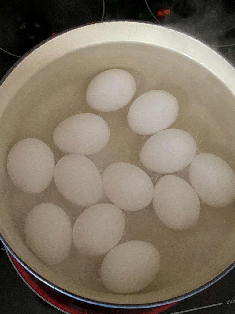 Pot of hardboiled eggs cooking