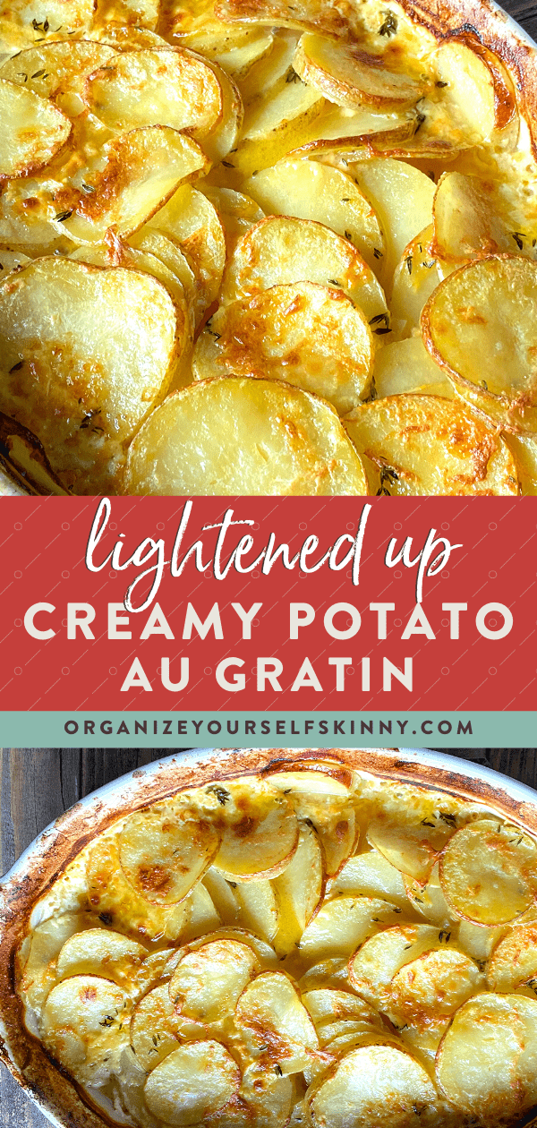 Pinterest graphic for creamy potato gratin recipe