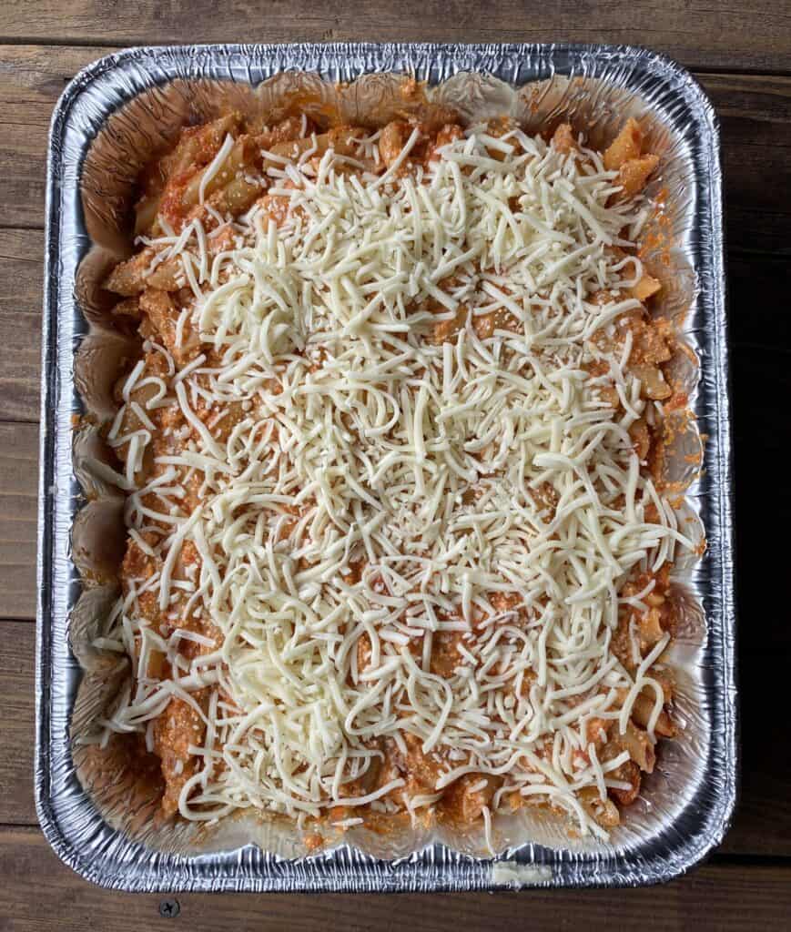 Disposable pan filled with a freezer casserole recipe