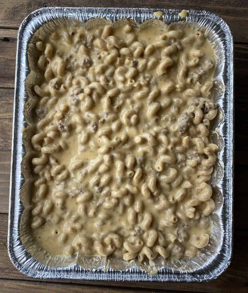 Cheeseburger macaroni freezer casserole in a pan