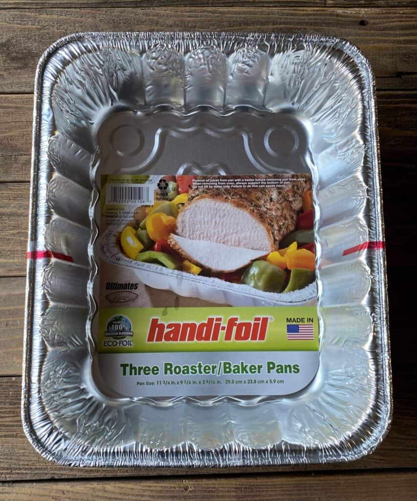 Disposable almumum baking pan on a wooden table