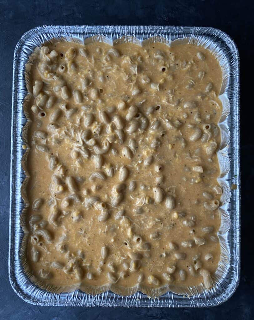 Buffalo mac and cheese in a freezer casserole dish