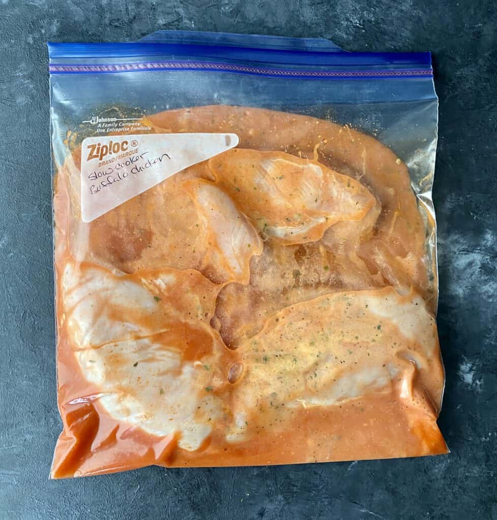 Buffalo chicken breasts prepped for freezing.