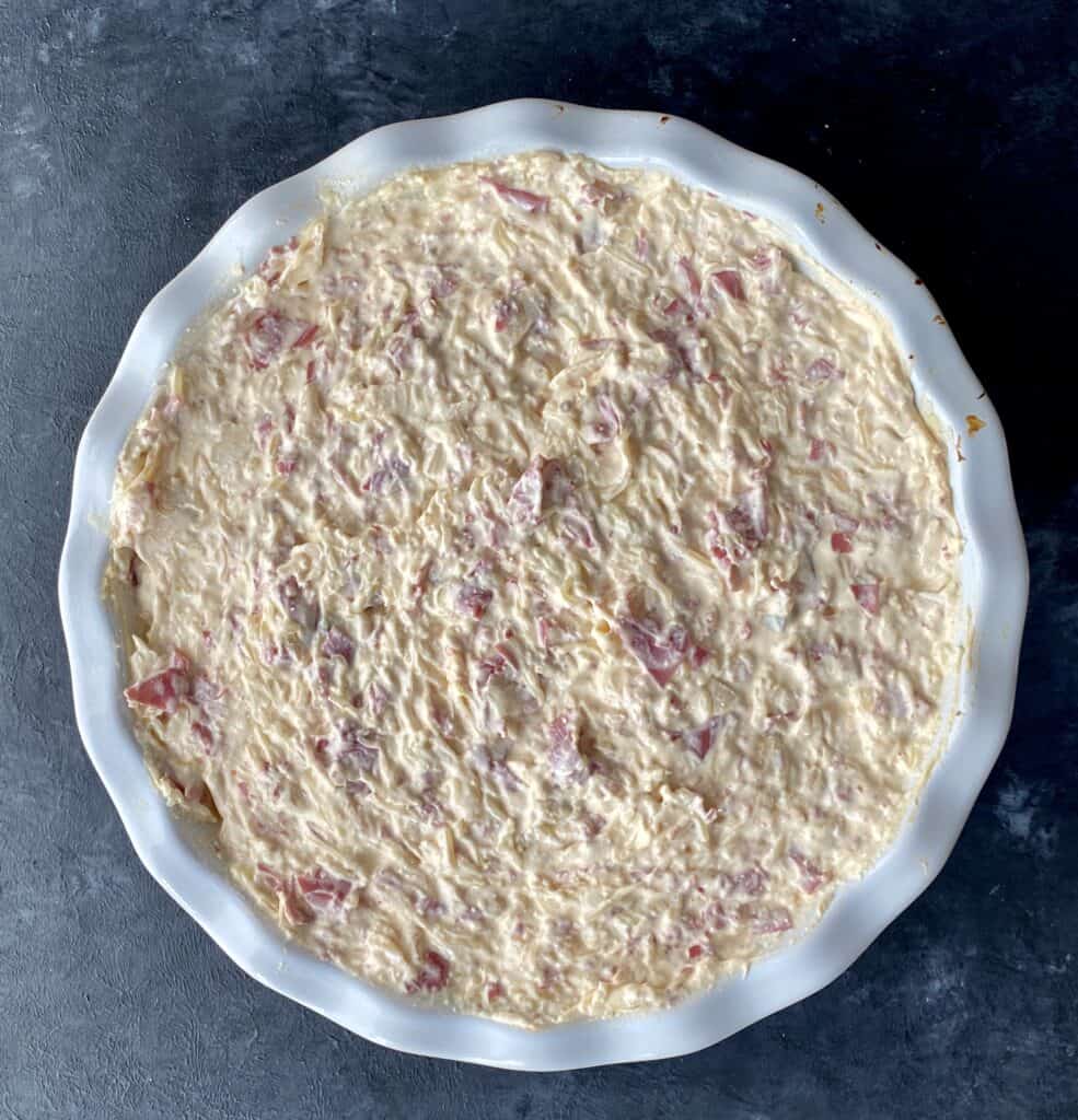 Baked Reuben dip in a round casserole dish