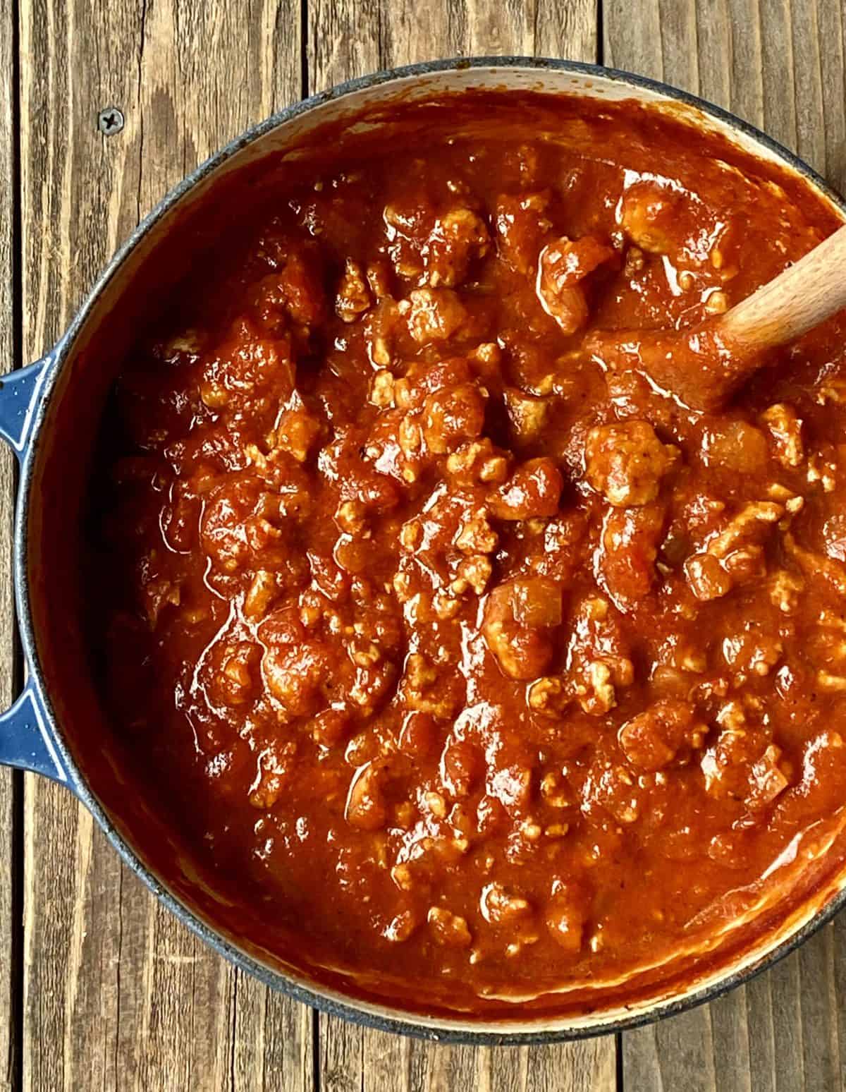 Healthy bolognese sauce made with turkey in a pan 