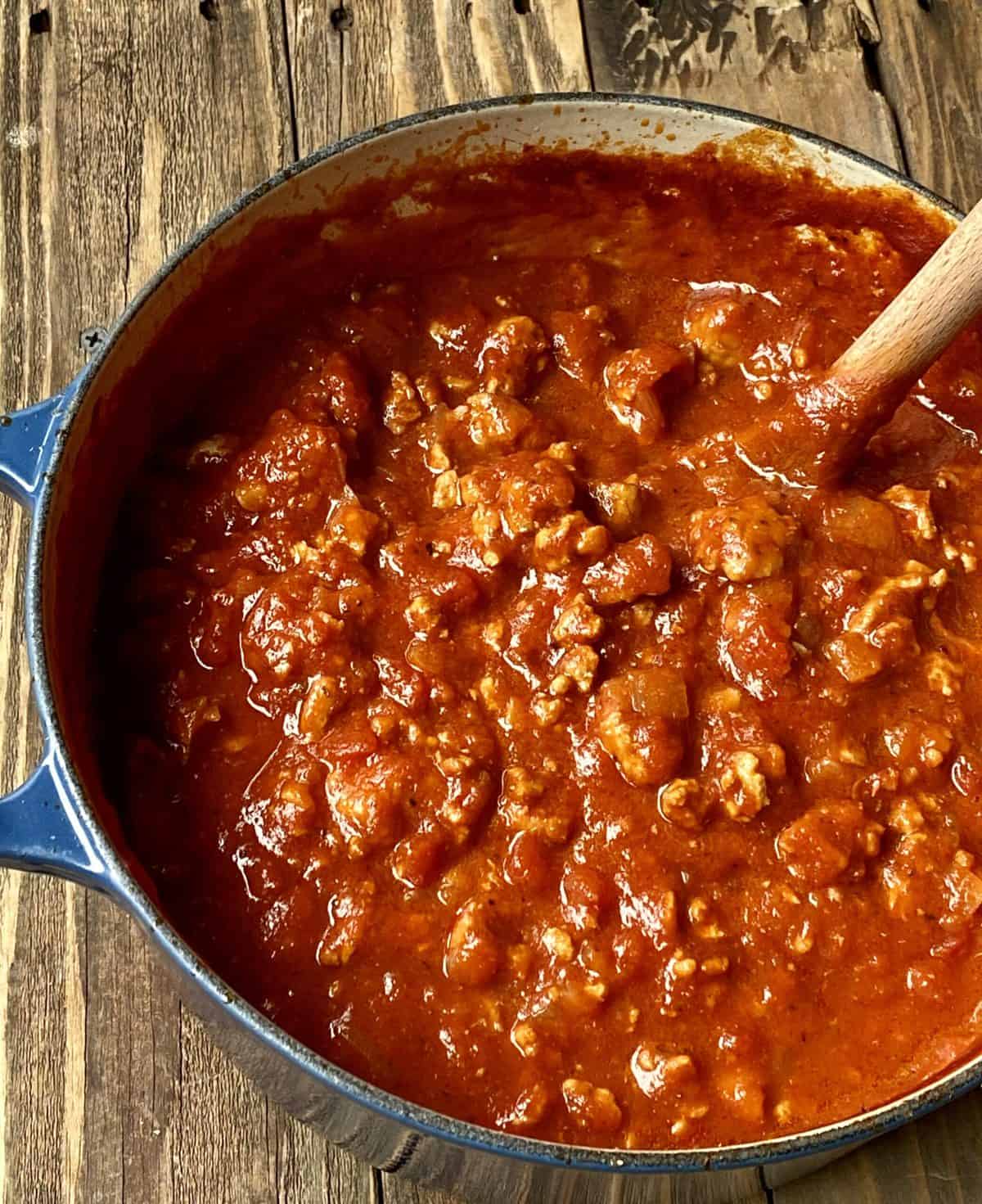 turkey bolognese in a stovetop pot