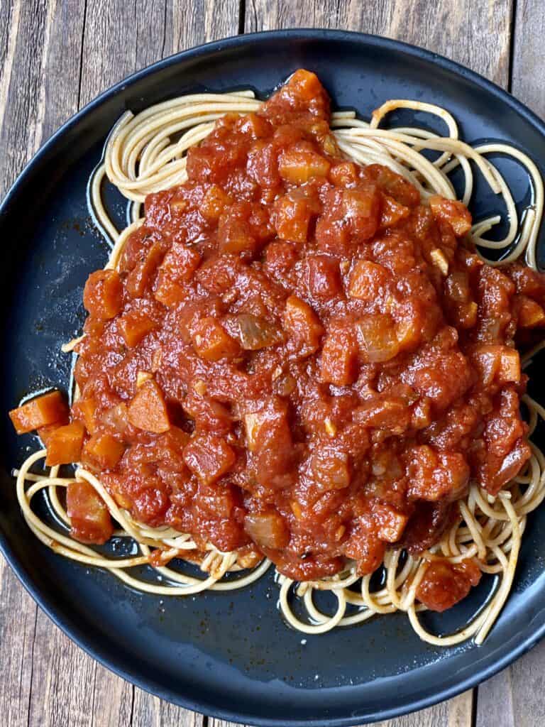 Homemade Marinara Sauce on top of pasta