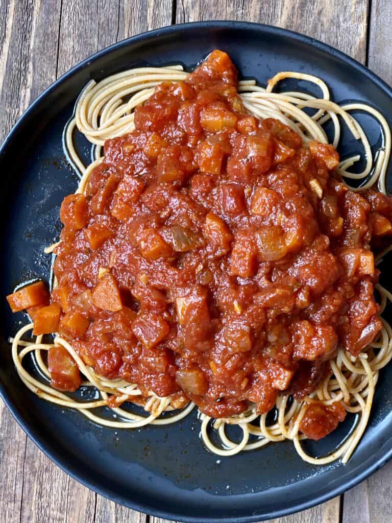 Homemade Marinara Sauce on top of pasta