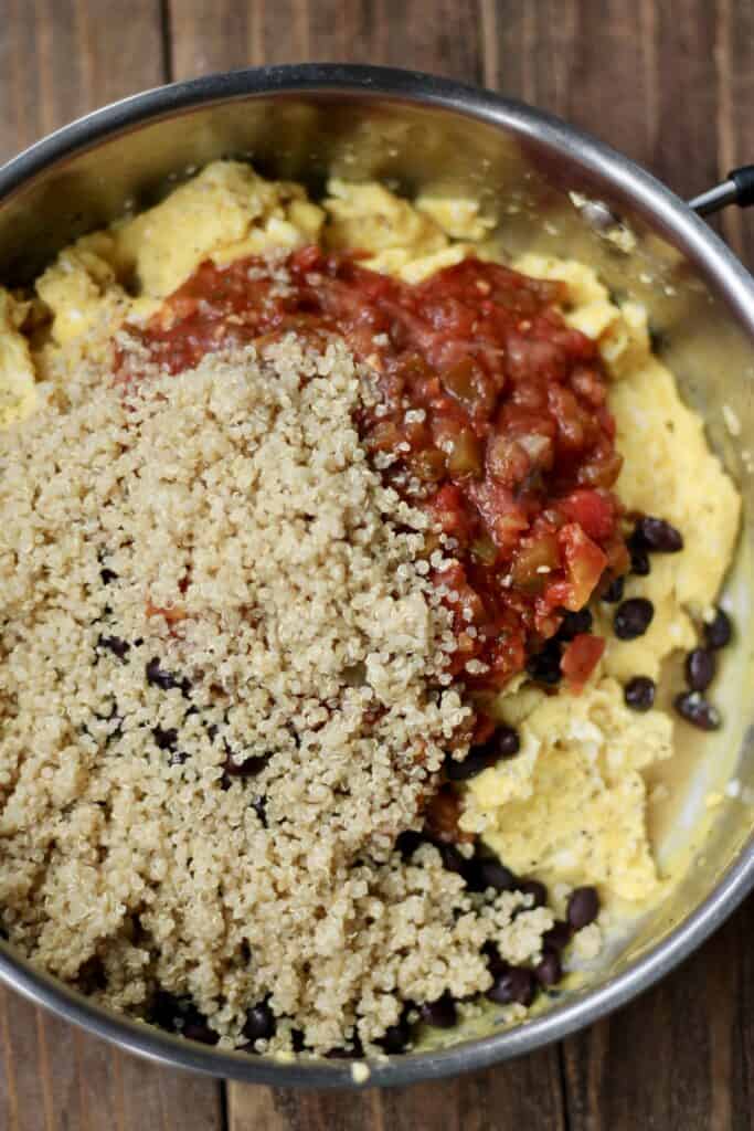 egg, quinoa, black beans, and salsa filling for burrito