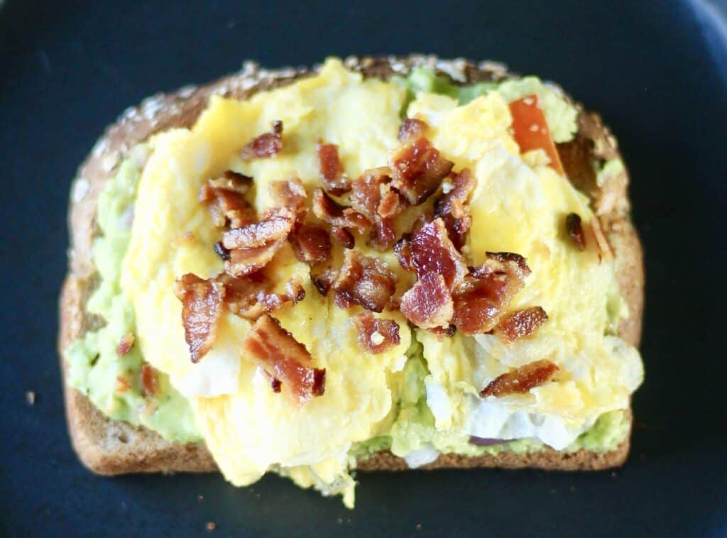 Avocado toast ideas ideas - layer toast with mashed avocado, scrambled egg, and bacon